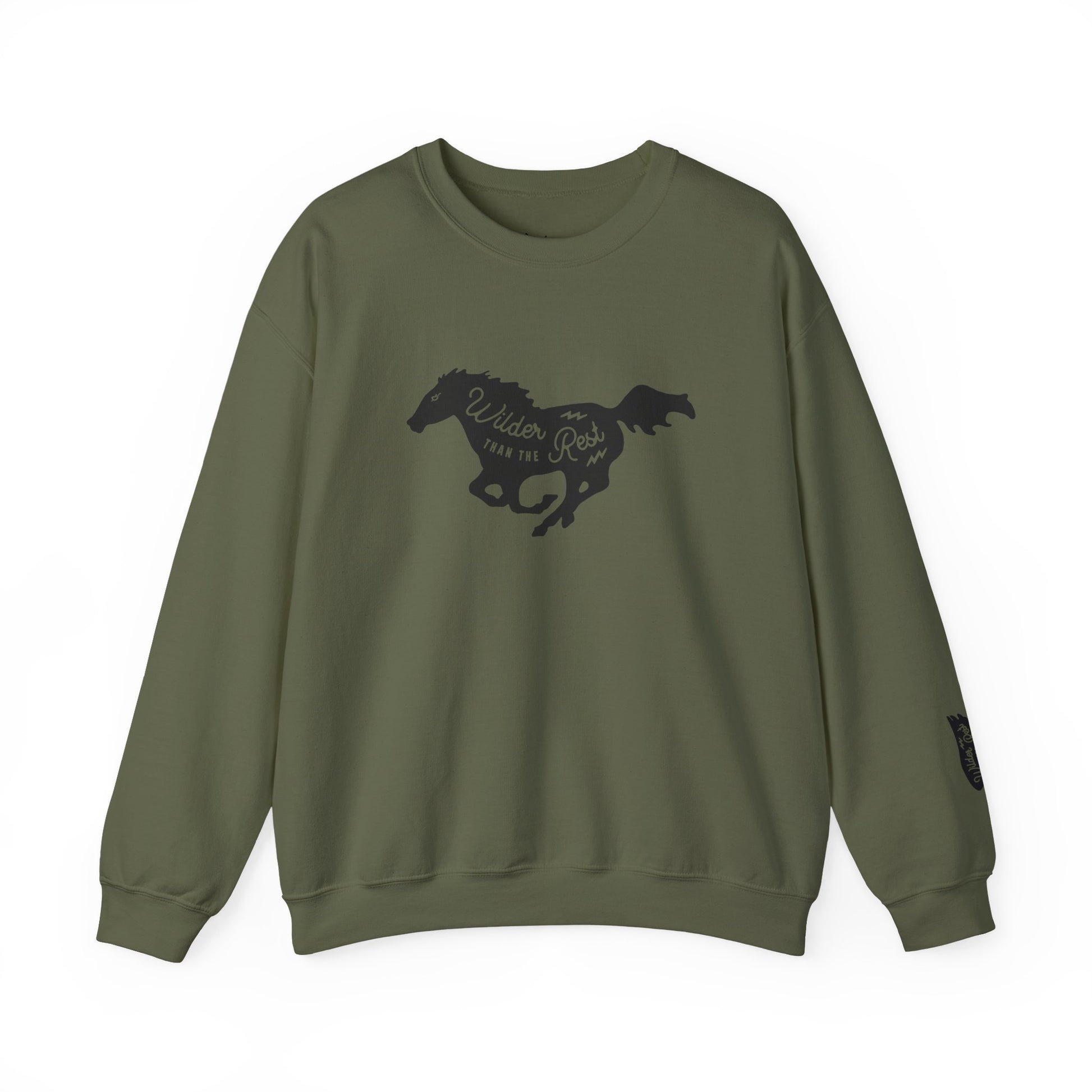 Green sweatshirt with a horse graphic and text on a white background