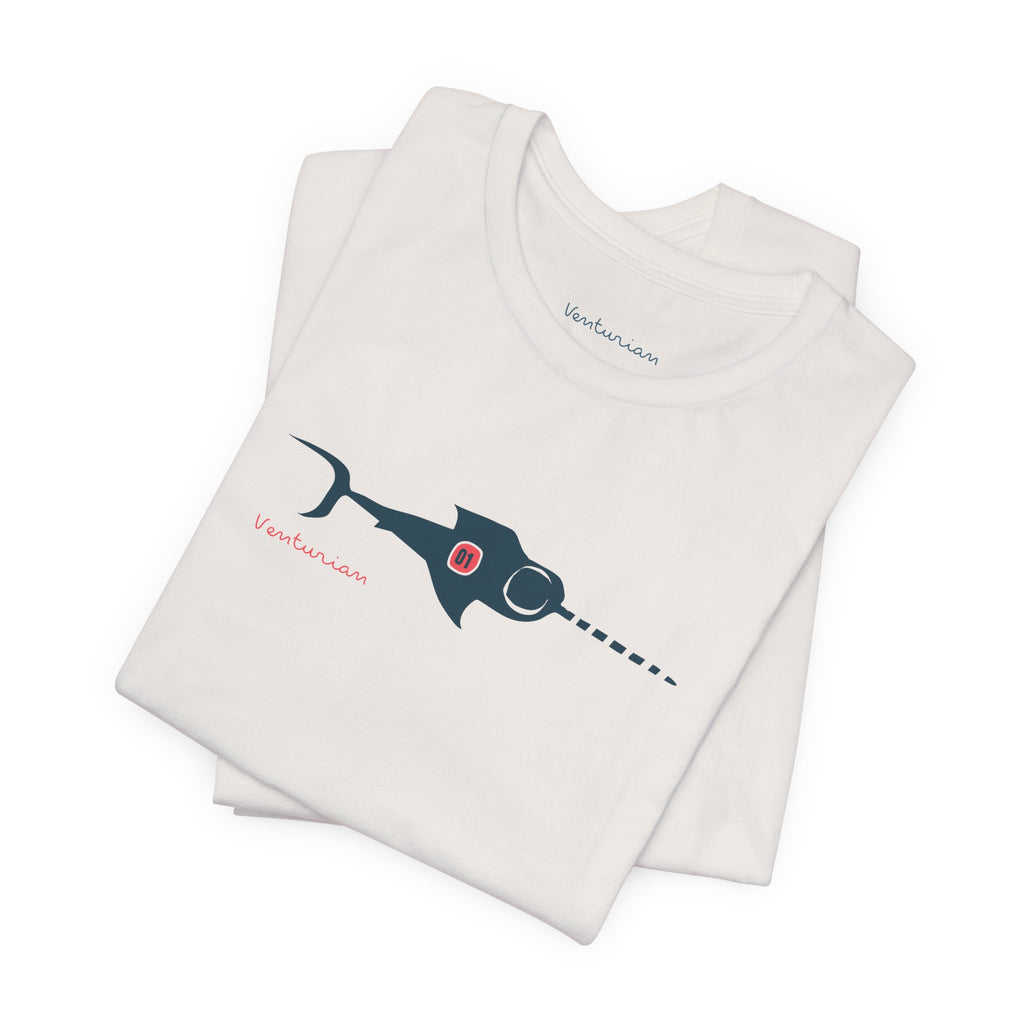 White t-shirt with a black and red graphic design on a white background
