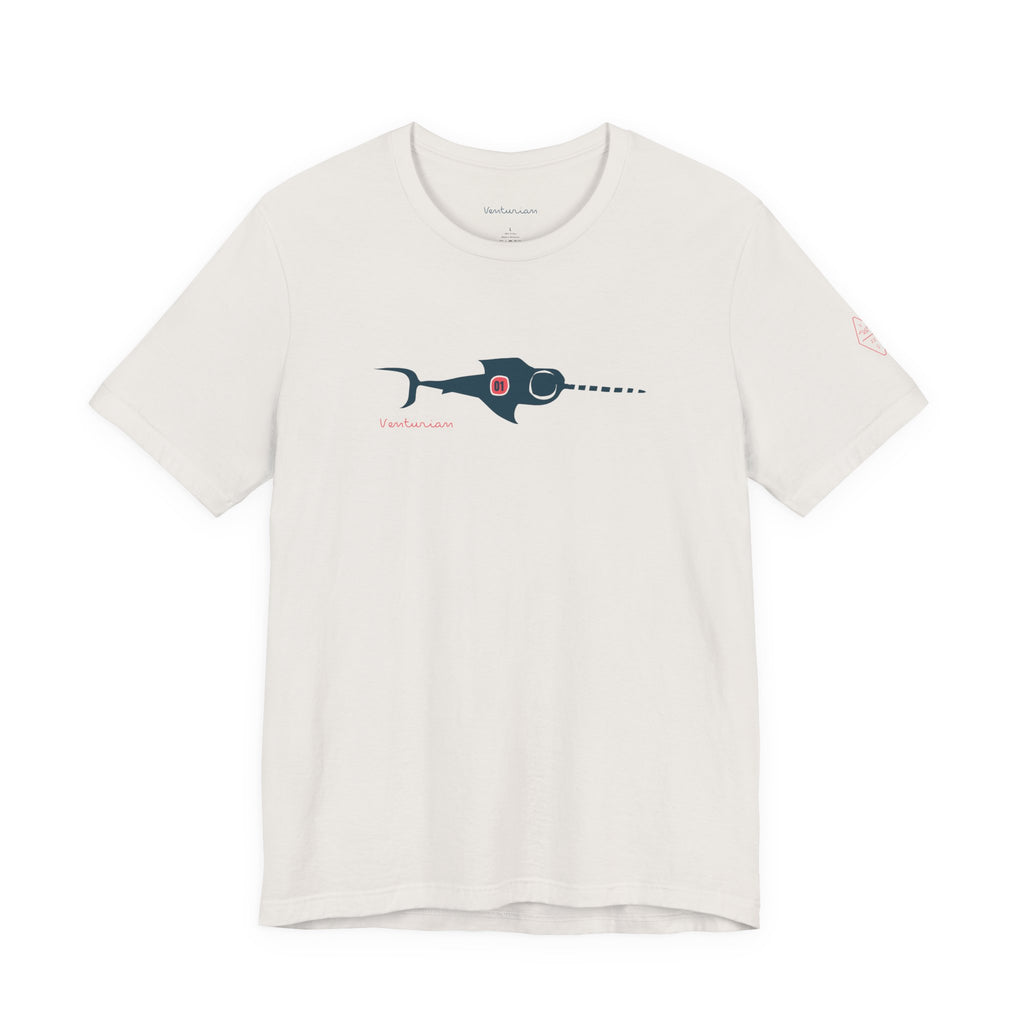 White t-shirt with a blue shark graphic on a white background