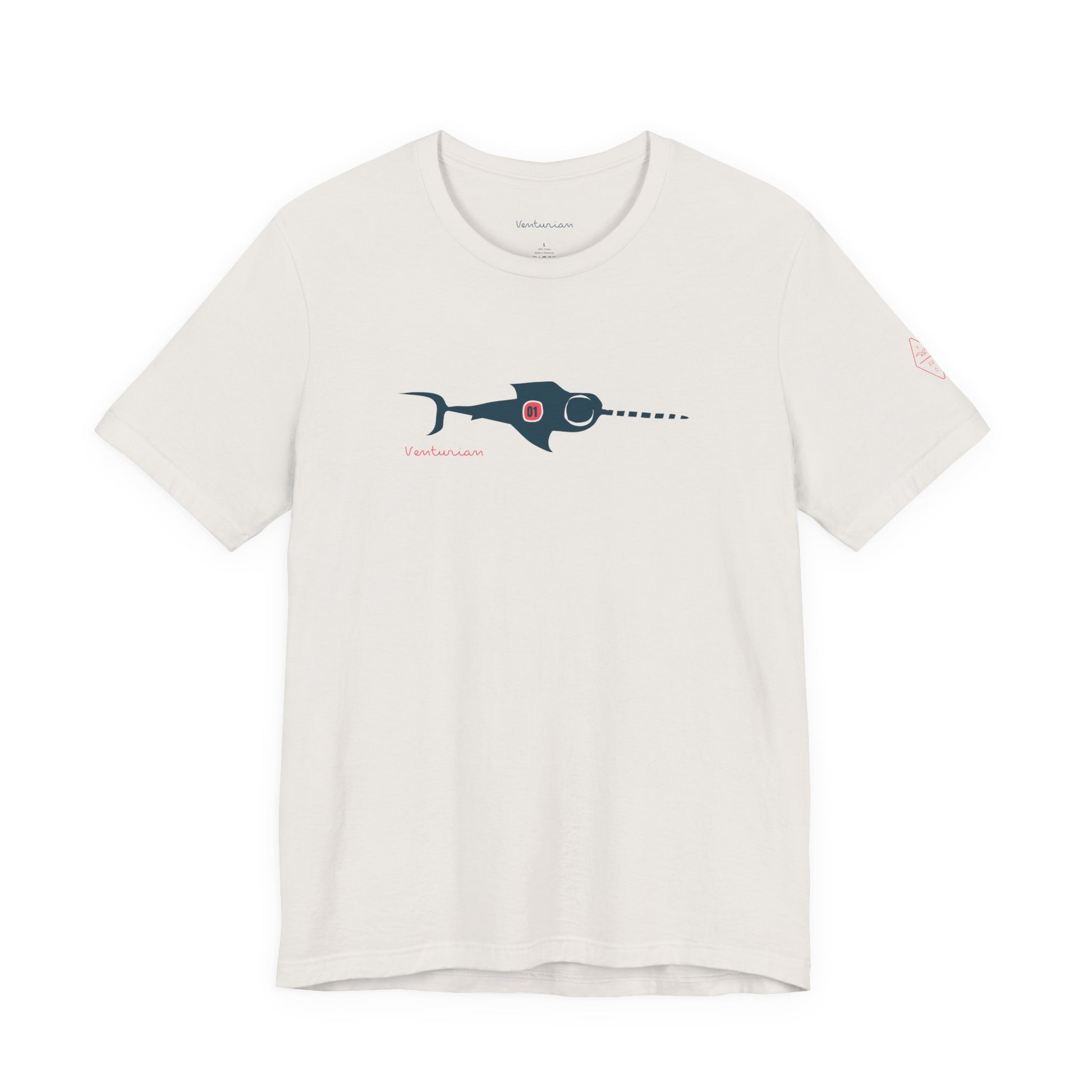 White t-shirt with a blue shark graphic on a white background