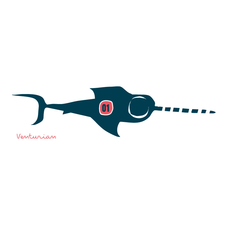 Illustration of a blue creature with a red circle and number 01 on a white background, labeled 'Venturian'.