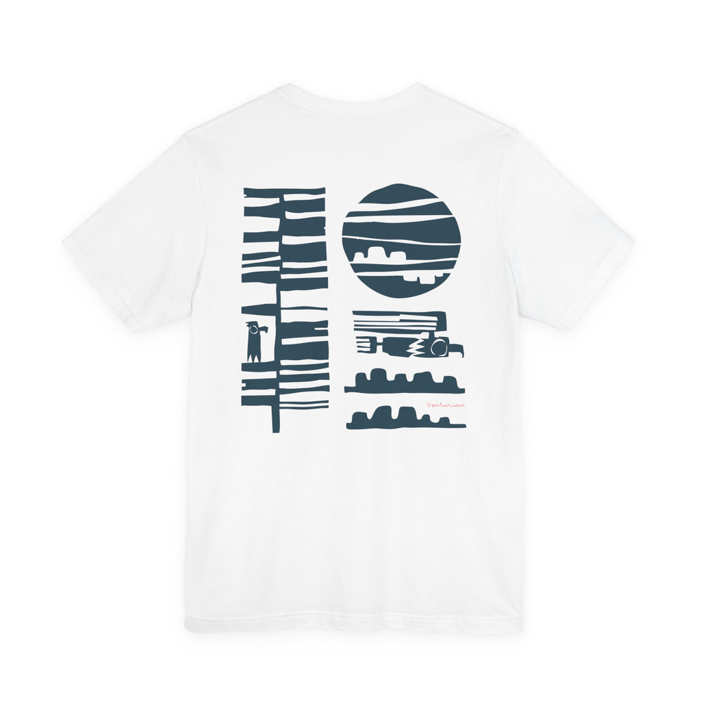 White t-shirt with blue abstract design on a white background