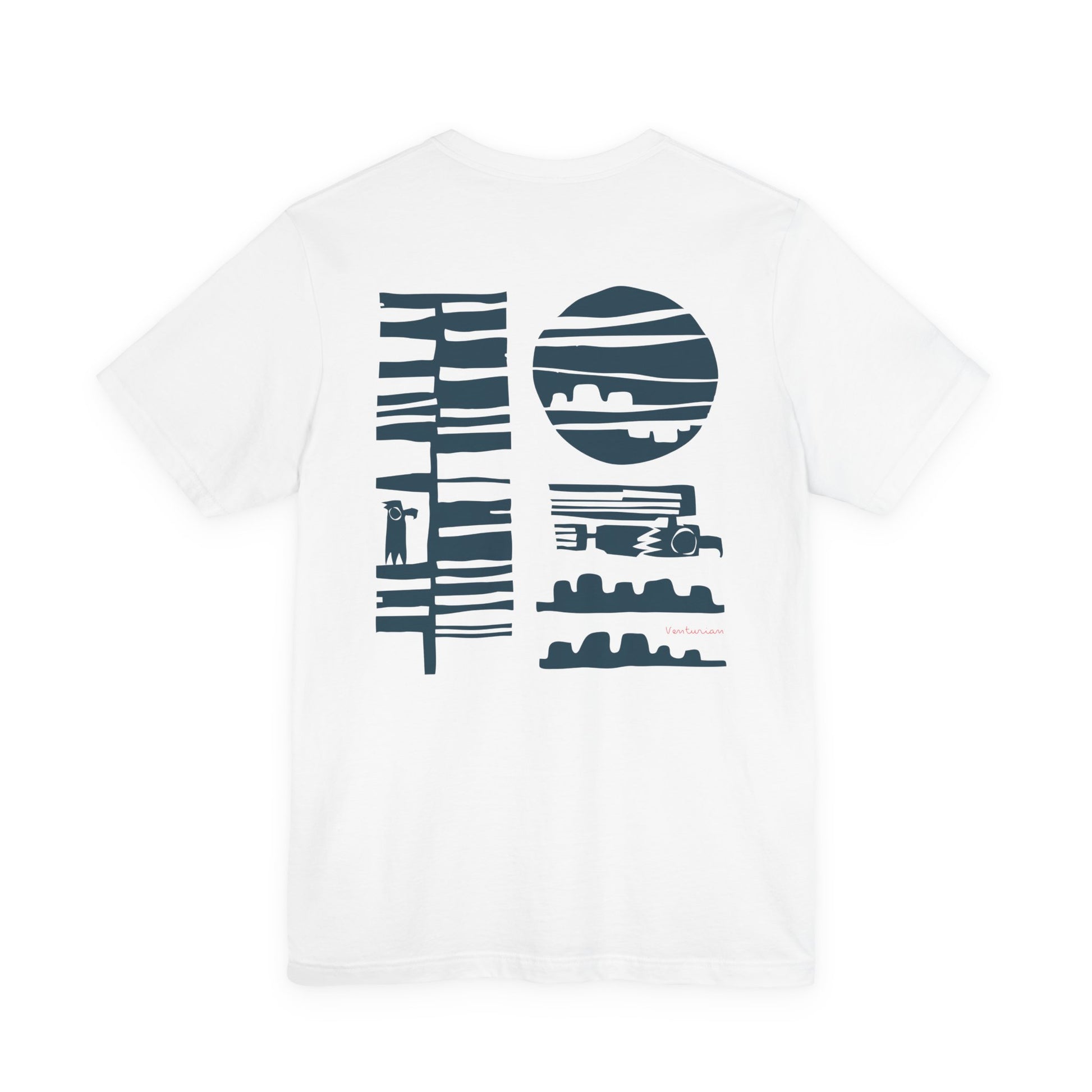 White t-shirt with blue abstract design on a white background