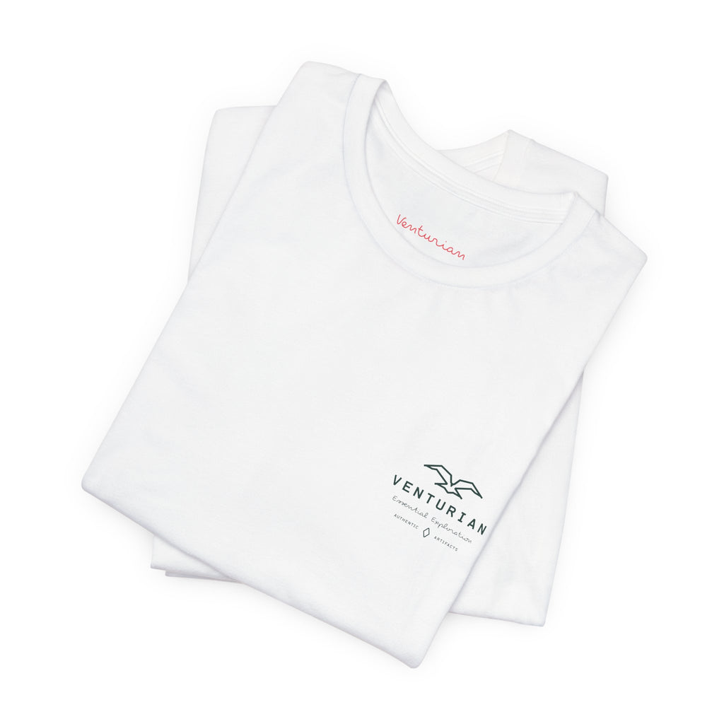 Stack of white t-shirts with Venturian branding on a white background