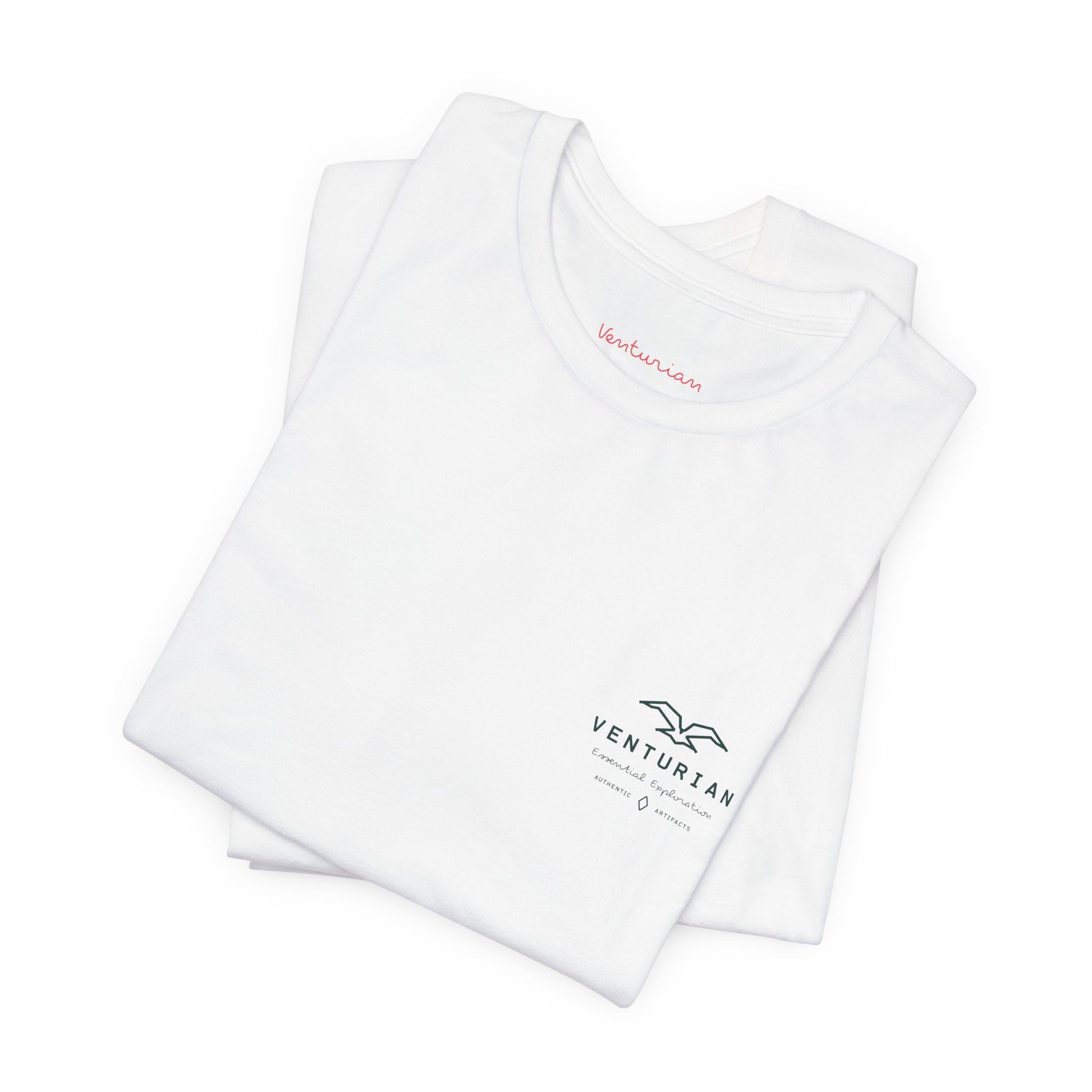 Stack of white t-shirts with Venturian branding on a white background