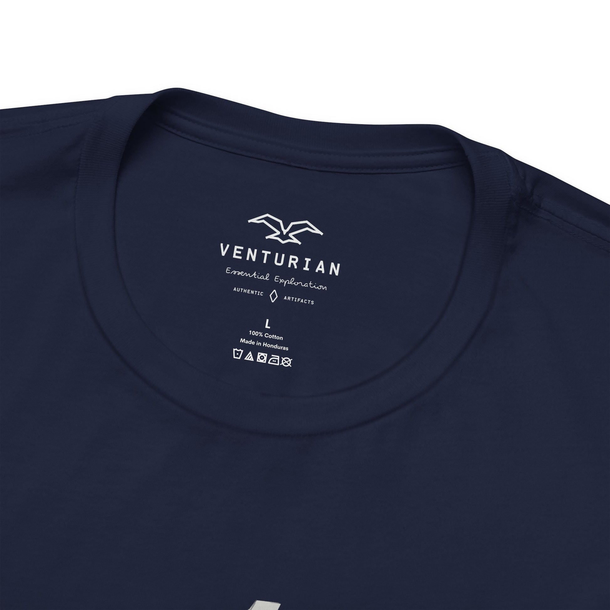 Navy blue t-shirt with 'Venturian' logo and text on a white background