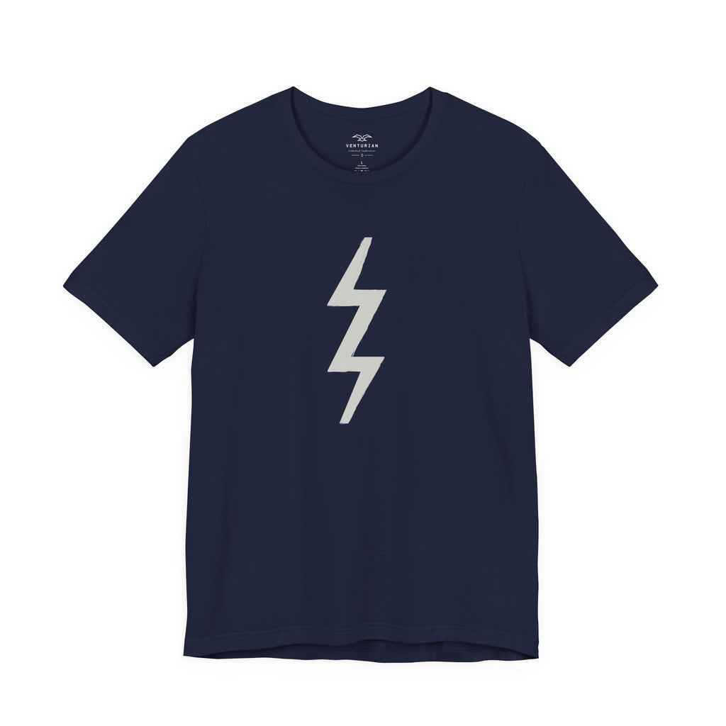 nature GRAPHIC TEE on a  Navy blue t-shirt with a white lightning bolt symbol on a white background
