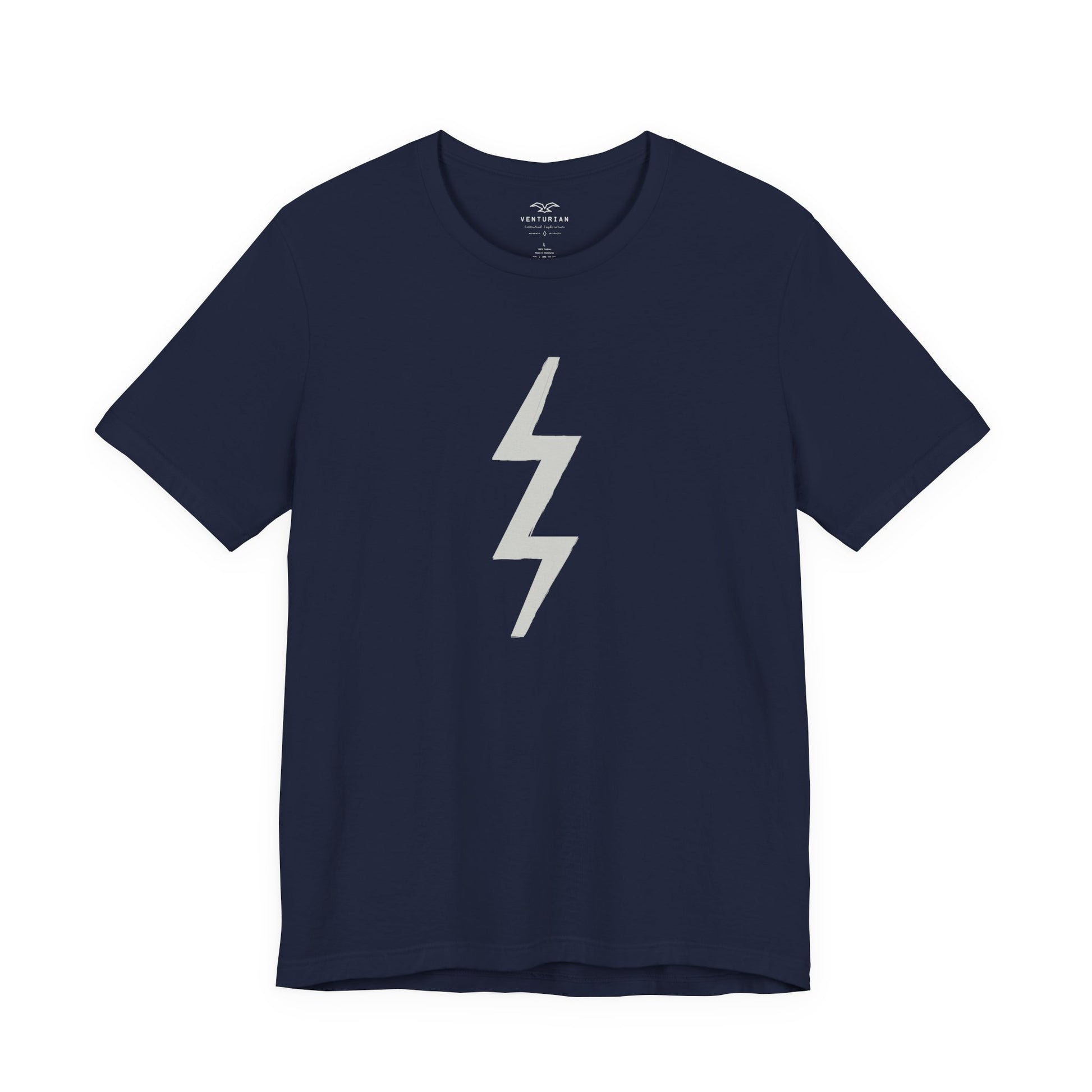 Navy blue t-shirt with a white lightning bolt symbol on a white background