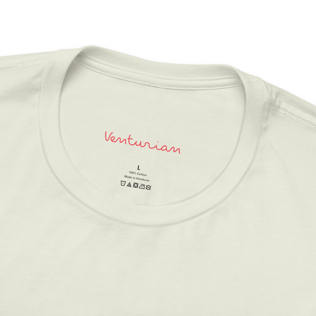 Close-up of a citron t-shirt with 'Venturian' branding on a white background