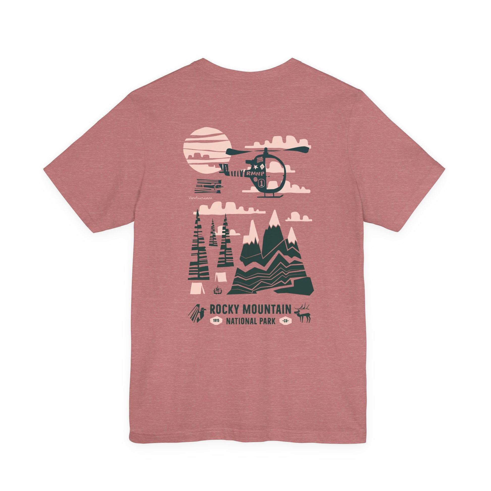 Pink t-shirt with Rocky Mountain National Park graphic on a white background