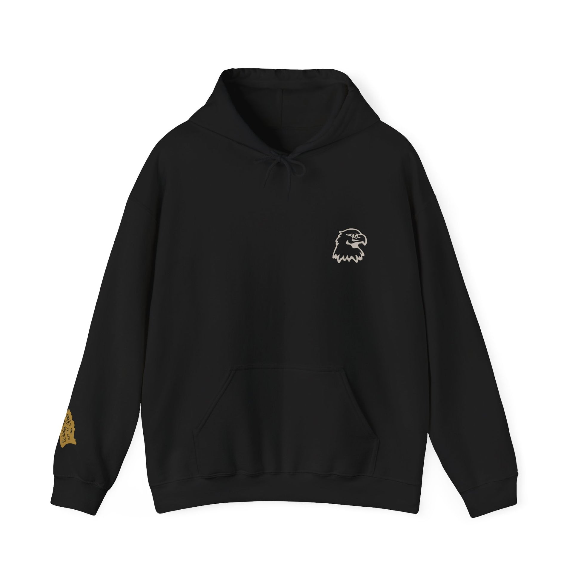 Black hoodie with a small logo on the chest and sleeve against a white background