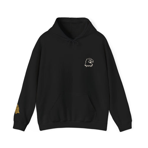 Black hoodie with a small logo on the chest and sleeve against a white background