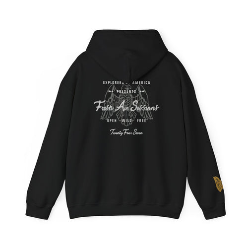 Black hoodie with white graphic design on the back against a white background