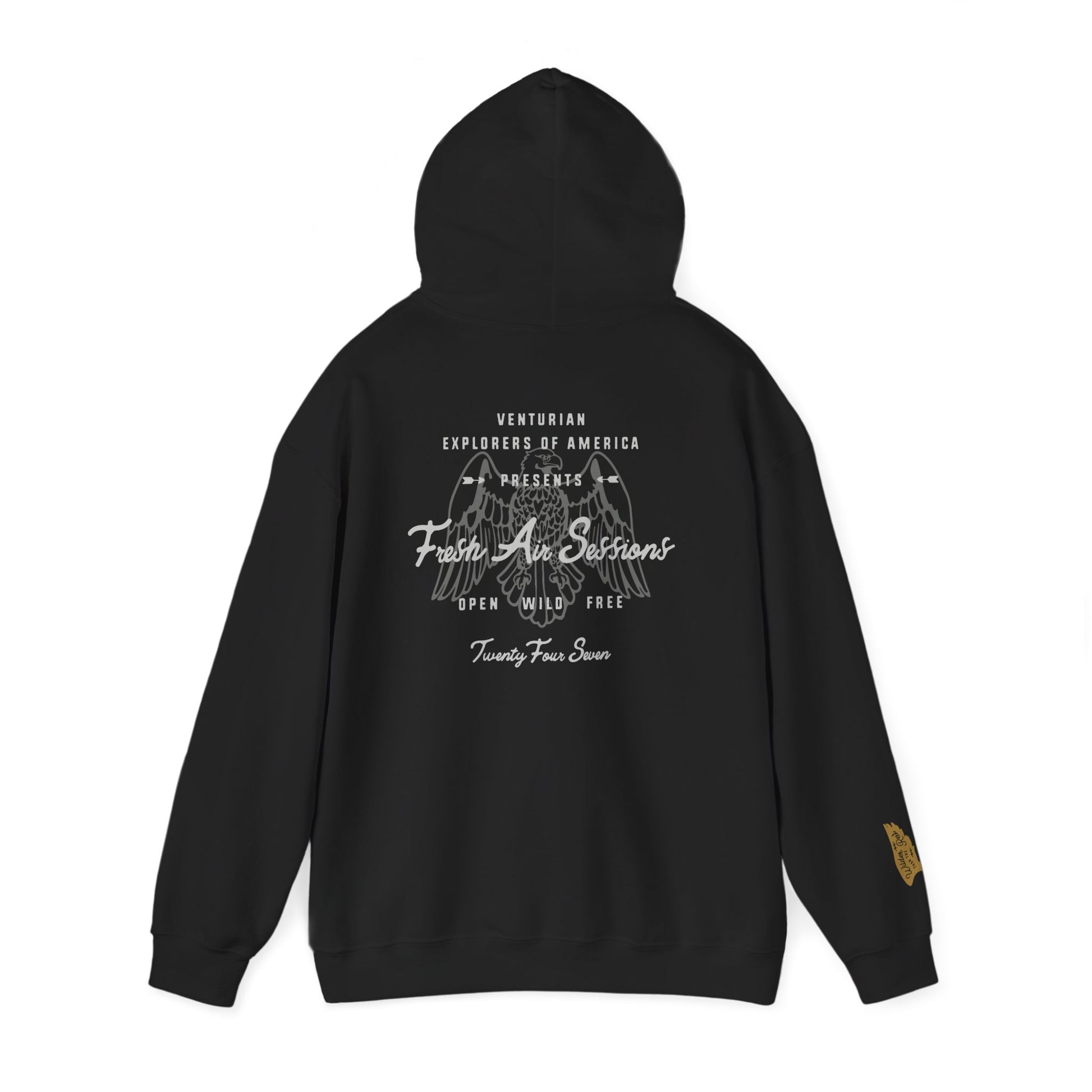 Black hoodie with white text and graphics on the back, displayed on a white background.