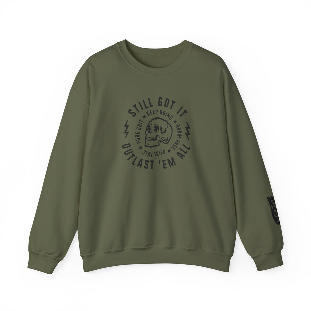 Green sweatshirt with text and graphic on a white background