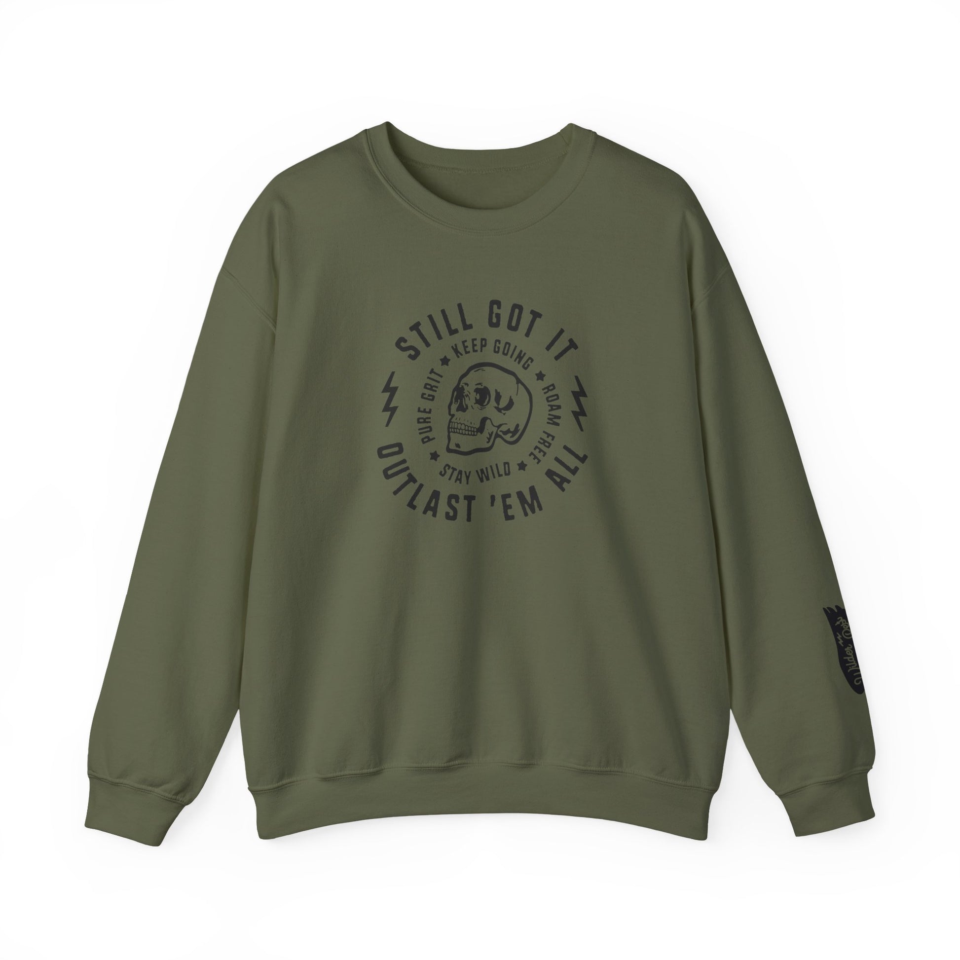 Green sweatshirt with text and graphic on a white background
