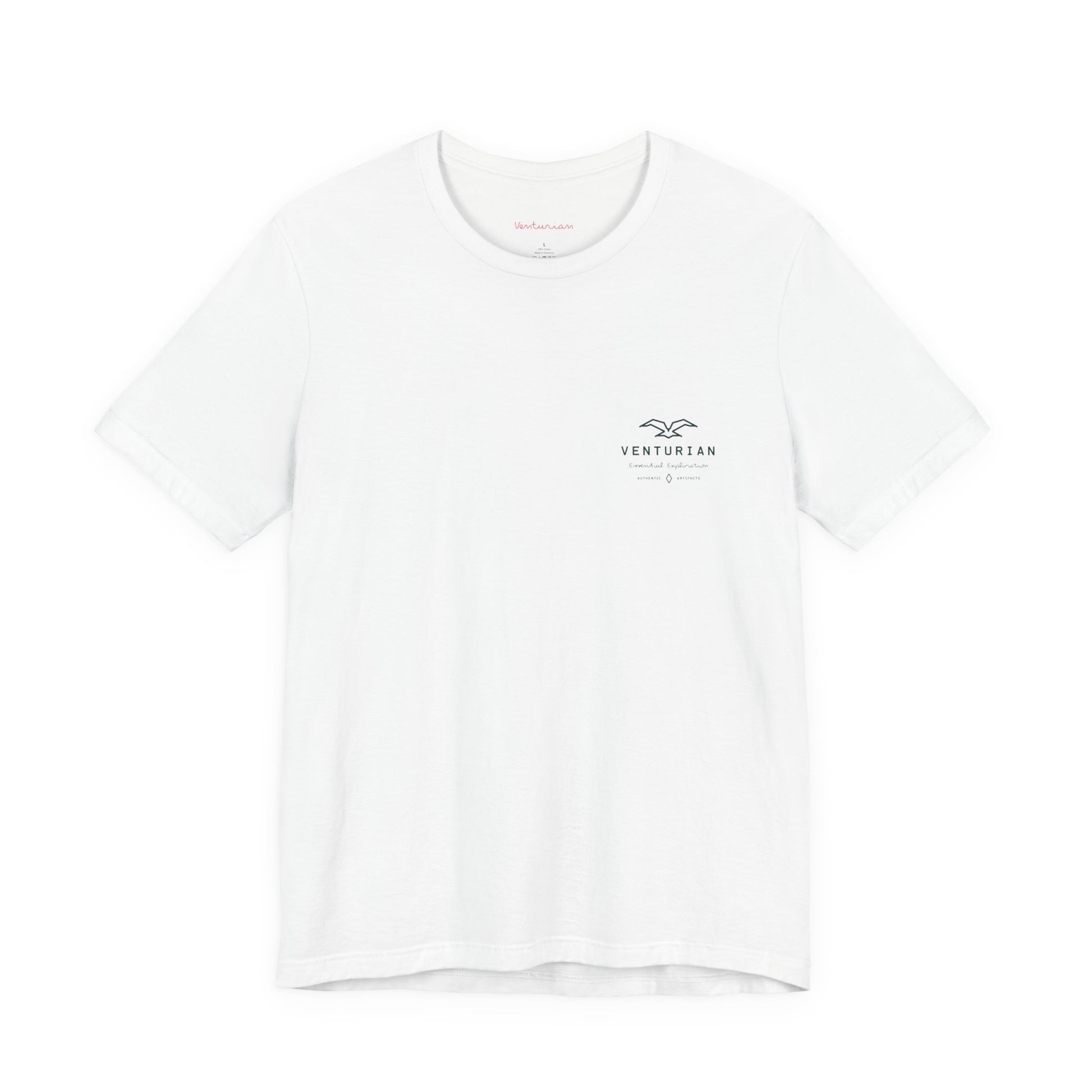 White t-shirt with a small logo on a white background