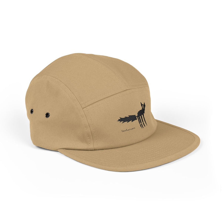 venturian's howling wolf graphic on a 5-panel khaki color hat.