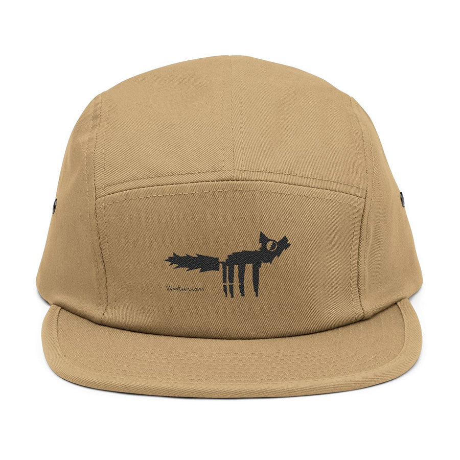 venturian's howling wolf graphic on a 5-panel khaki color hat. front.