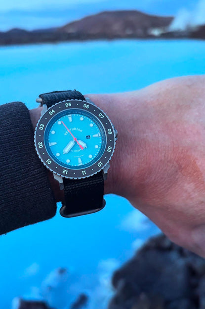 Wrist wearing a watch with a blue dial against a scenic background