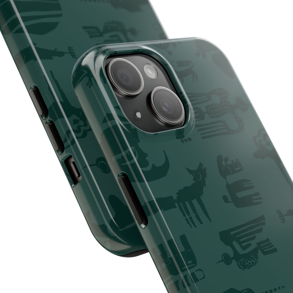 Green phone case with black animal illustrations on a white background