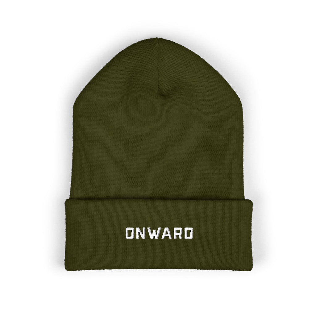 Green knit hat with 'ONWARD' text on a white background