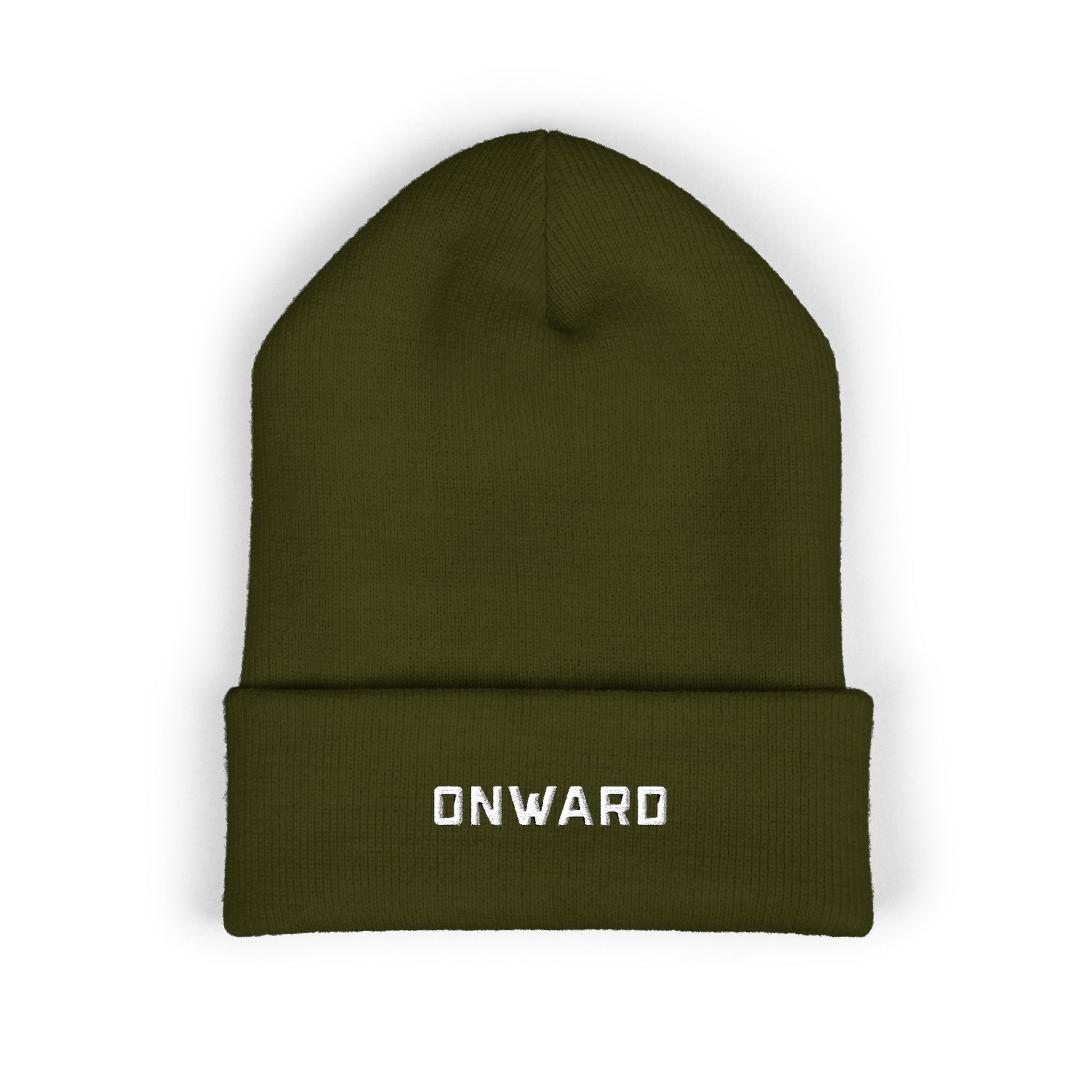 Green knit hat with 'ONWARD' text on a white background
