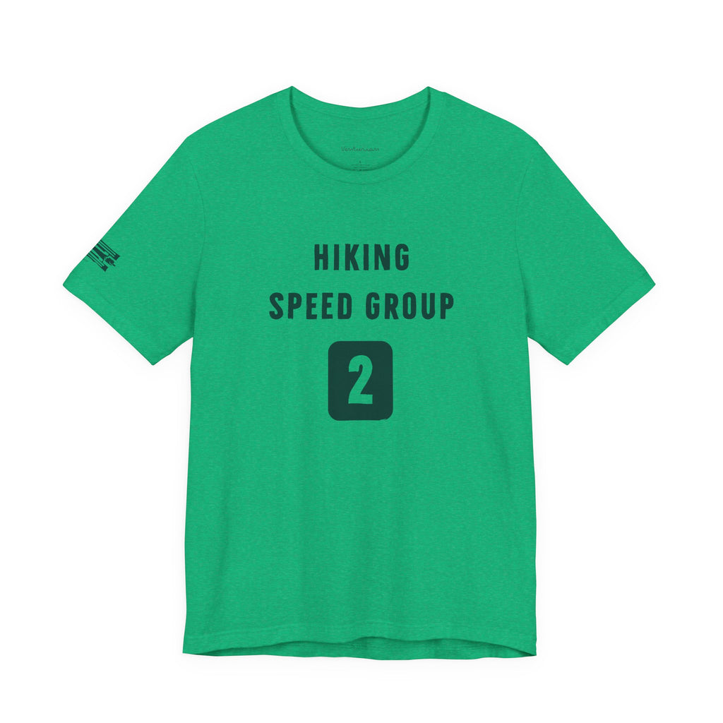 Green t-shirt with 'Hiking Speed Group 2' text on a white background