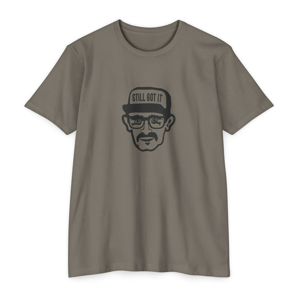 Brown t-shirt with a graphic of a man wearing a cap and glasses on a white background