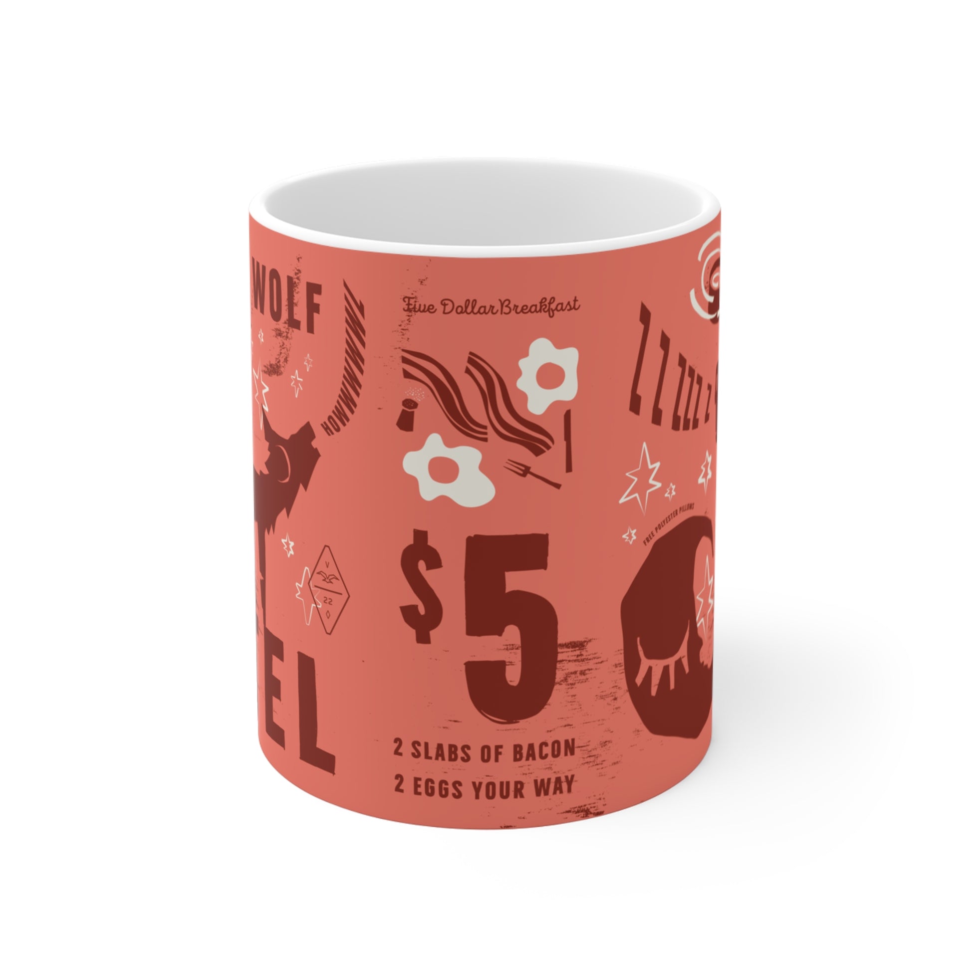 Mug with a red design featuring text and graphics on a white background