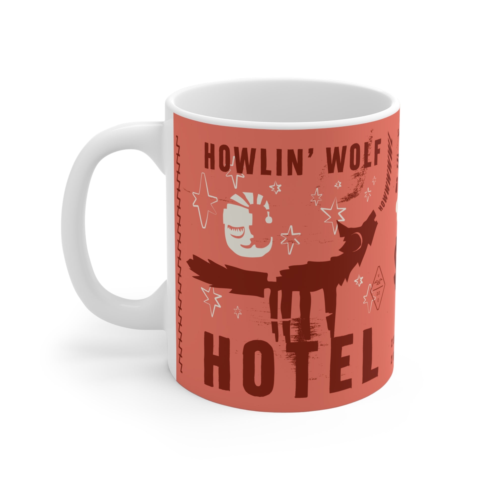 Mug with 'Howlin' Wolf Hotel' design on a red background