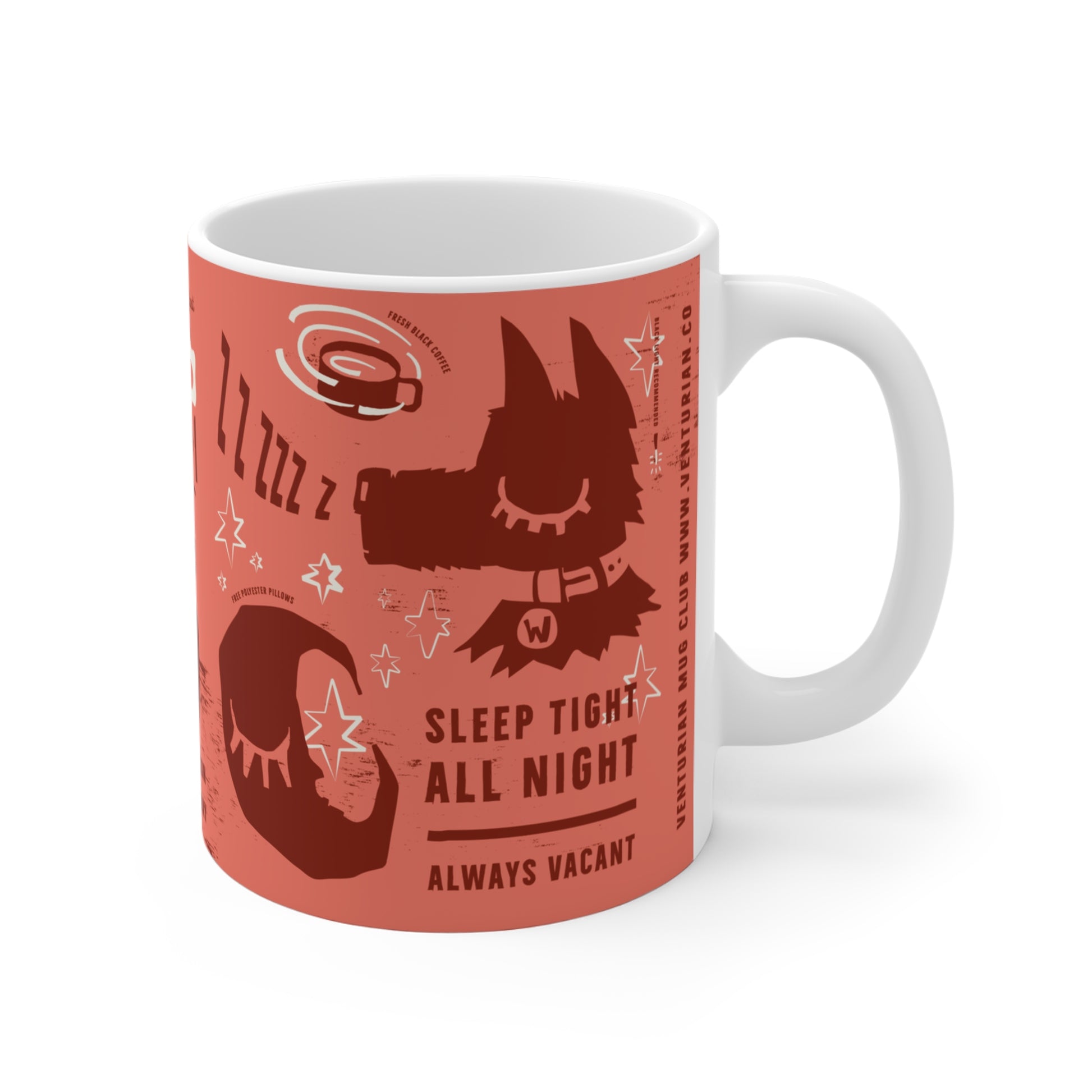 Mug with red design featuring a wolf and text on a white background